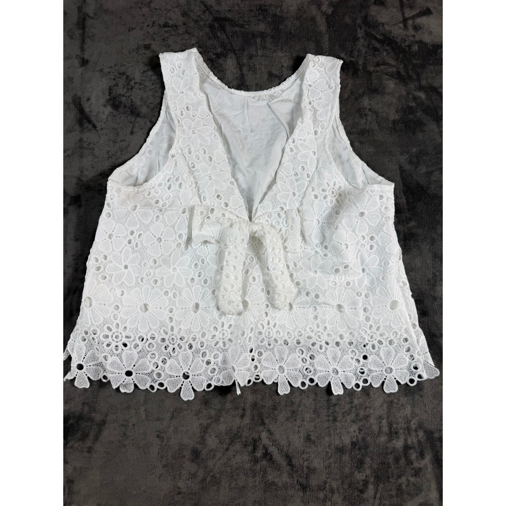 SHEIN White Floral Eyelet Lace Tie Back Crop Top Sleeveless 3XL Boho Scalloped